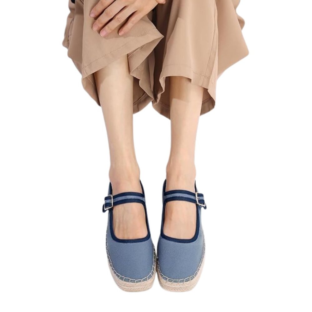 Maeve Canvas Espadrille Platform Shoes Blue Mary Jane Strap – Women’s 8.5/39